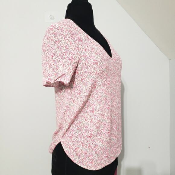 Pink and White Plunge V Neck Short Sleeve High Low Micro Floral Top Size 2 - Picture 2 of 8